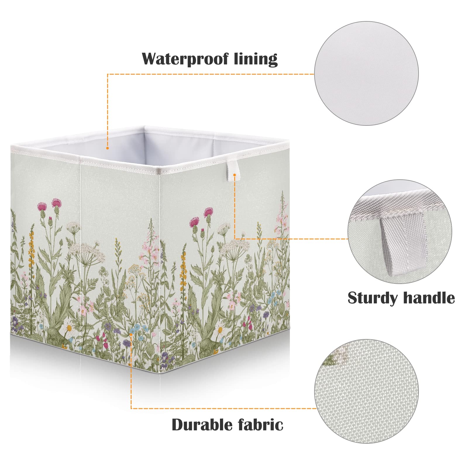 xigua Herbs and Wildflowers Cube Storage Bin Large Collapsible Storage Box Canvas Storage Basket for Home,Office,Books,Nursery,Kid's Toys,Closet