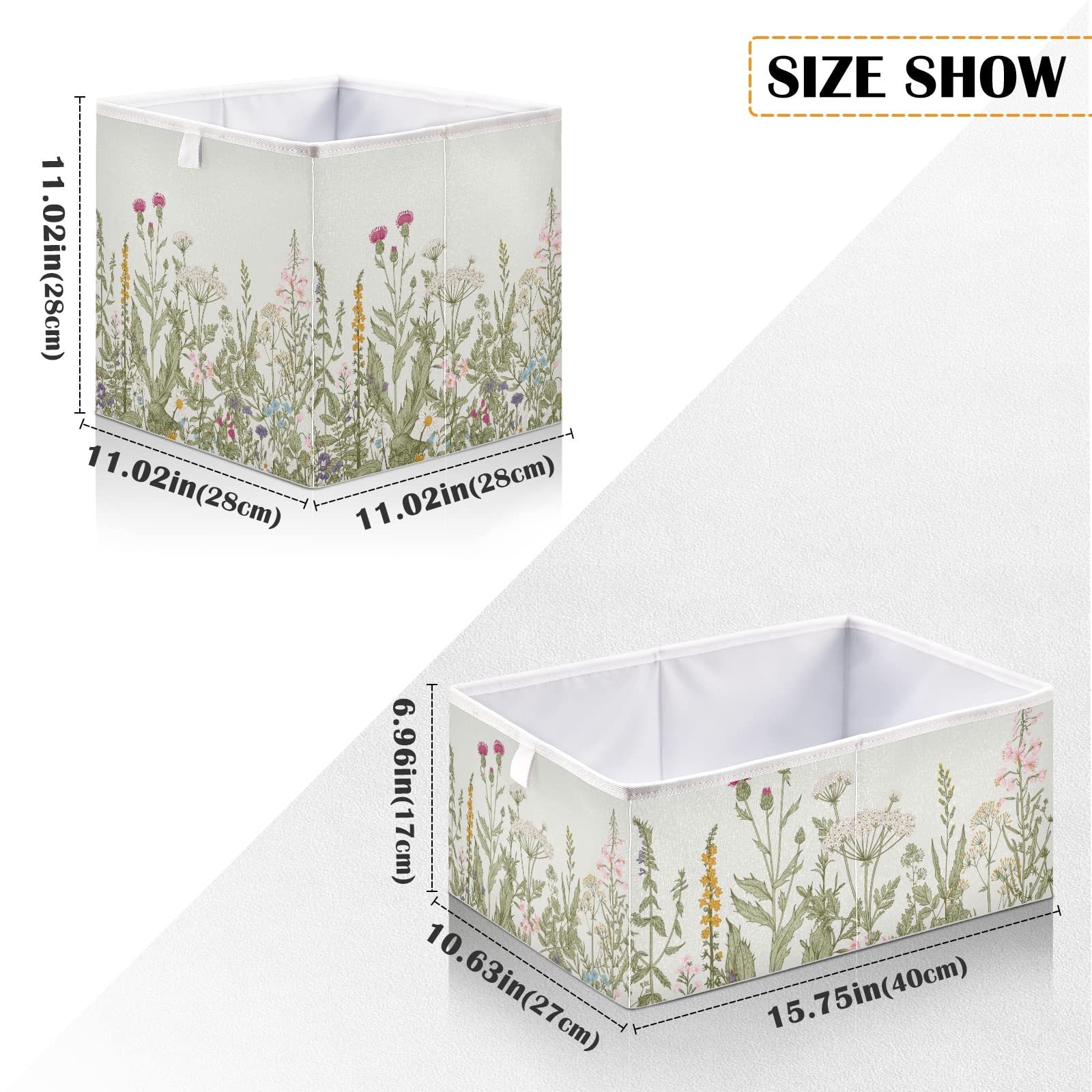 xigua Herbs and Wildflowers Cube Storage Bin Large Collapsible Storage Box Canvas Storage Basket for Home,Office,Books,Nursery,Kid's Toys,Closet