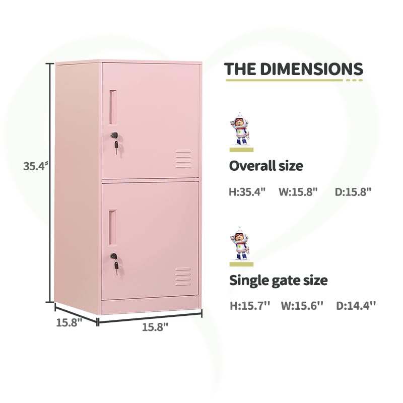 DAYTOYS 2 Door Metal Vertical Storage Locker for Kids Bedroom, Children Room, School, Office, Home,Stackable Steel Storage Cabinet for Toys, Sports Equipment,Anti-Falling Device. (2D, Pink)