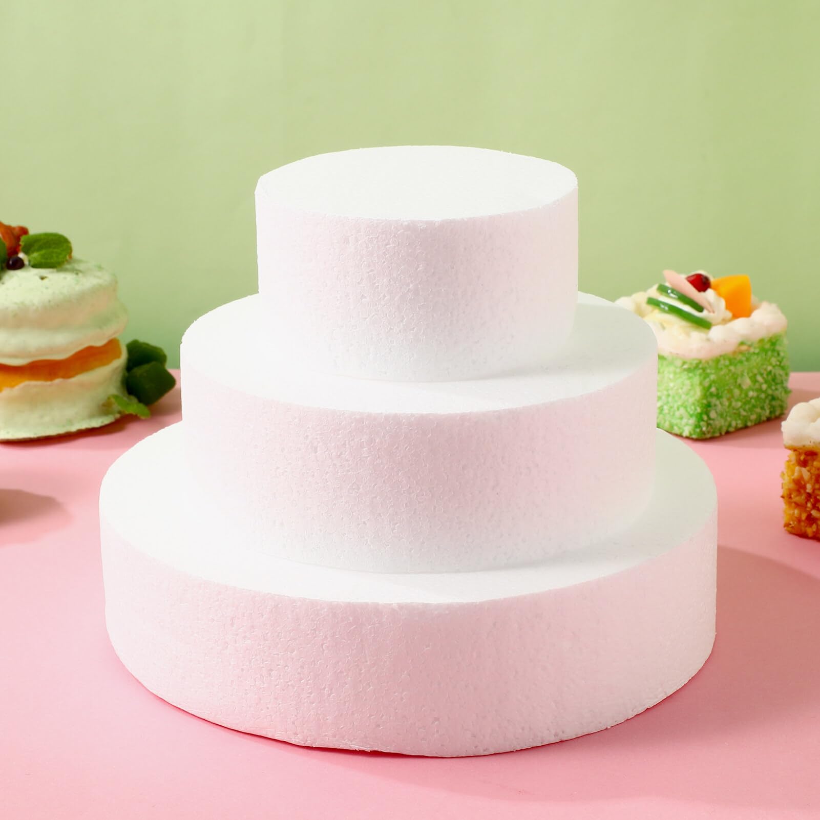 3PCS Round Foam Cake Set Fake Wedding Cake Round Cake Mini Cake for Wedding Display Window Fondant Cake Decorating Practice Mould Cake 3-Tier Cake Wedding Decor