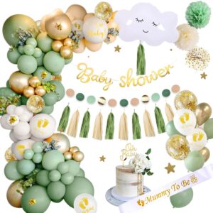 sage green baby shower decorations, baby shower decorations for boy girl, sage green gold balloons garland kit with safari baby shower decorations olive neutral jungle gender reveal party