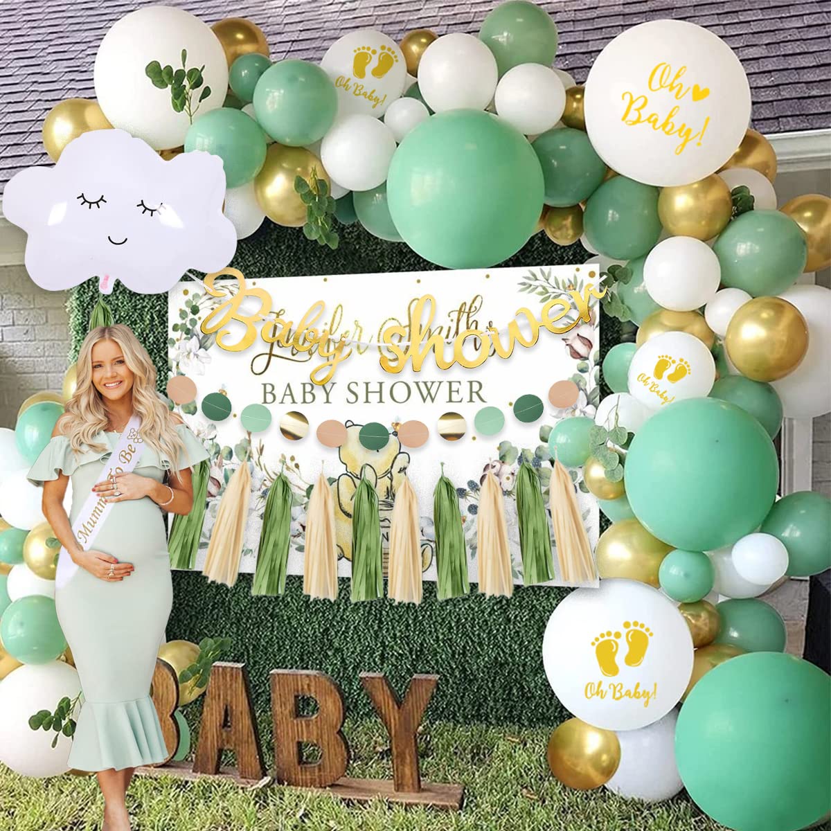 Sage Green Baby Shower Decorations, Baby Shower Decorations for Boy Girl, Sage Green Gold Balloons Garland Kit with Safari Baby Shower Decorations Olive Neutral Jungle Gender Reveal Party