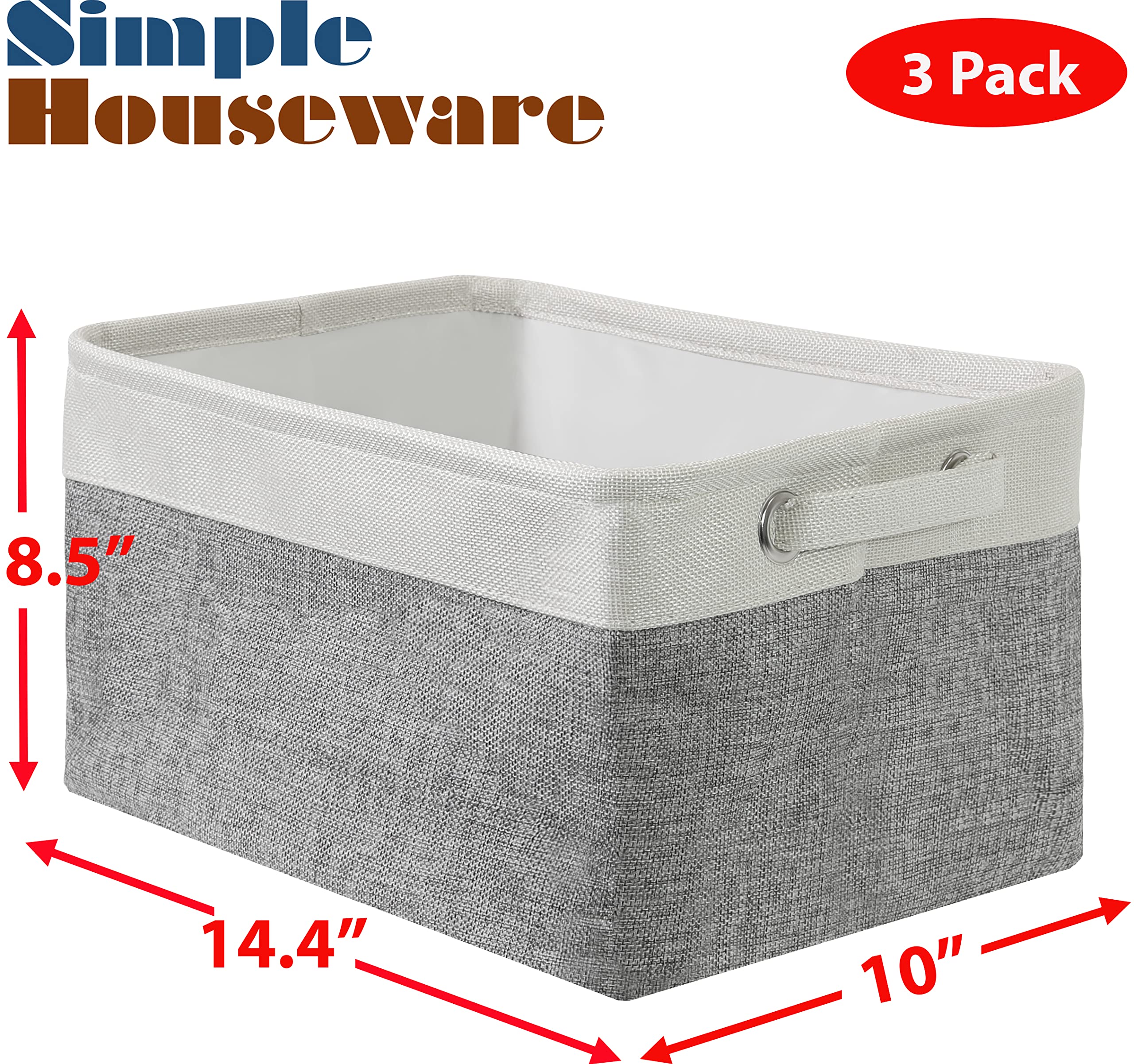 Simple Houseware Large Decorative Fabric Storage Bin Basket for Nursery, 3 Pack, Grey