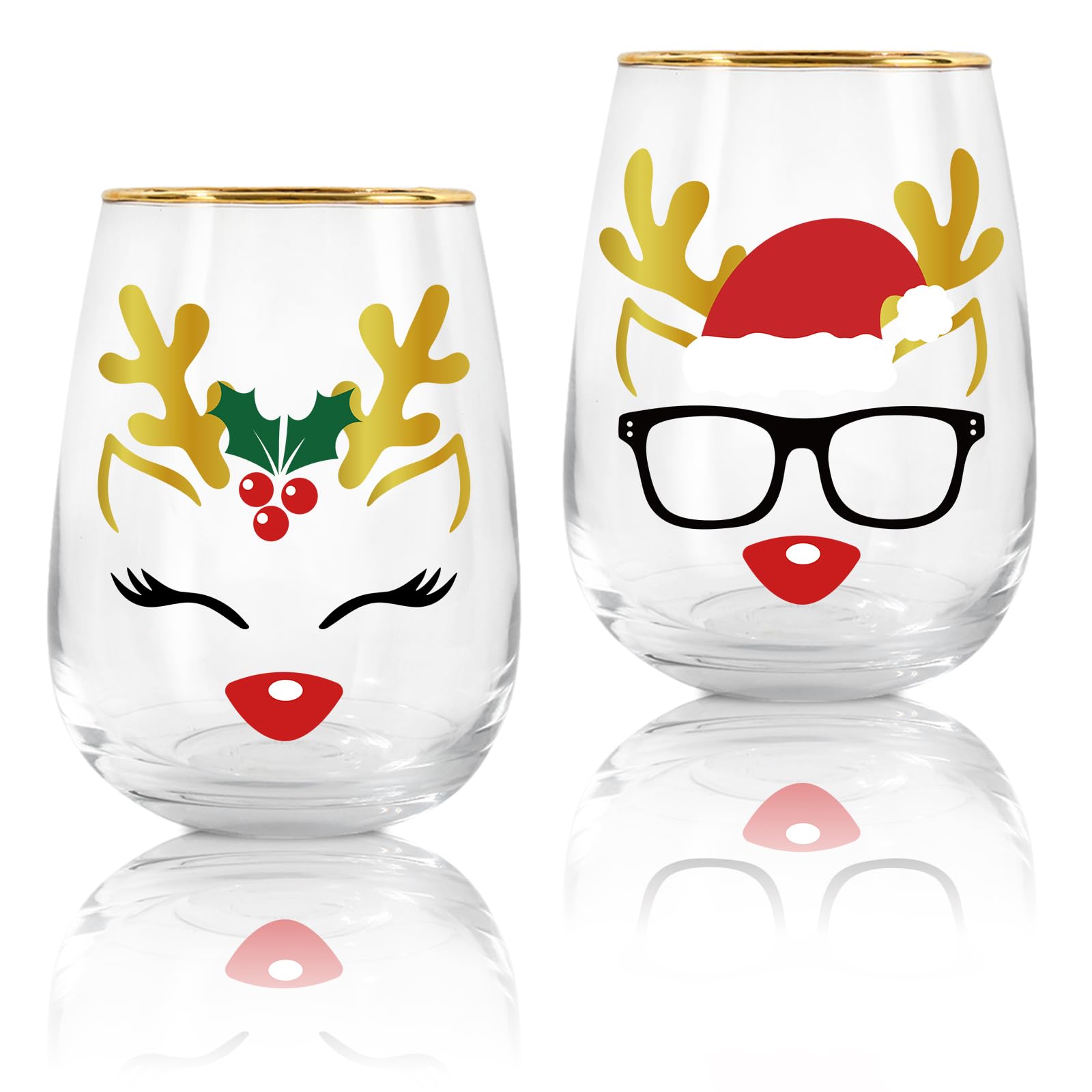 Whaline 17oz Christmas Novelty Stemless Wine Glasses with Gold Rimmed 2Pcs Reindeer Drinking Glasses for Christmas Party Event Supplies Kitchen Decor Gift