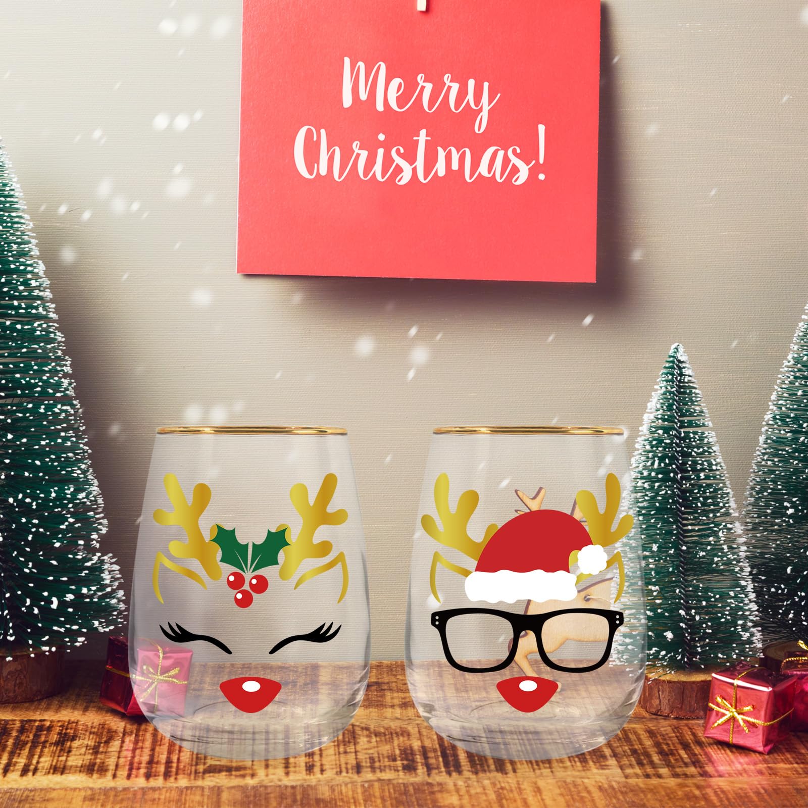 Whaline 17oz Christmas Novelty Stemless Wine Glasses with Gold Rimmed 2Pcs Reindeer Drinking Glasses for Christmas Party Event Supplies Kitchen Decor Gift