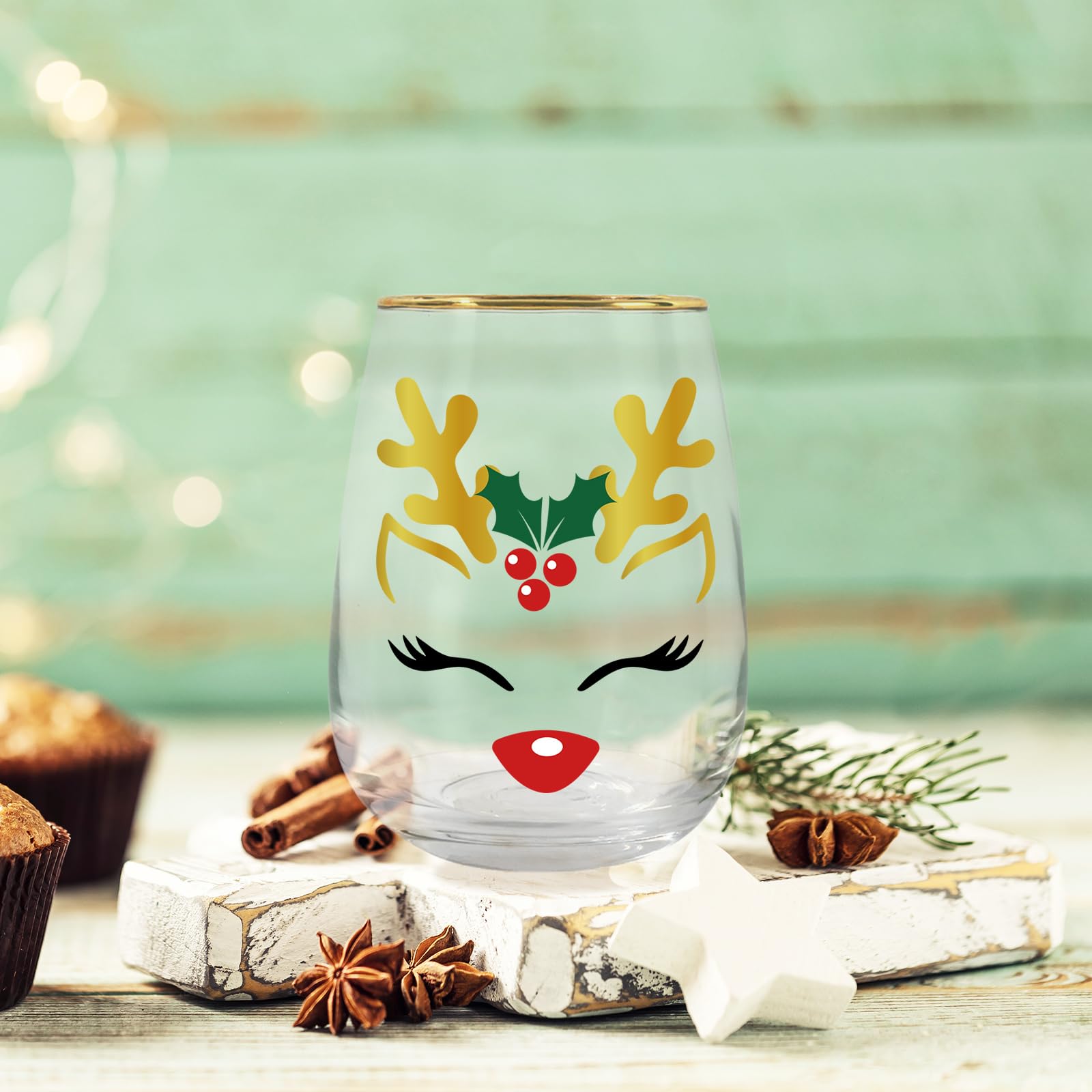 Whaline 17oz Christmas Novelty Stemless Wine Glasses with Gold Rimmed 2Pcs Reindeer Drinking Glasses for Christmas Party Event Supplies Kitchen Decor Gift