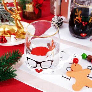 Whaline 17oz Christmas Novelty Stemless Wine Glasses with Gold Rimmed 2Pcs Reindeer Drinking Glasses for Christmas Party Event Supplies Kitchen Decor Gift