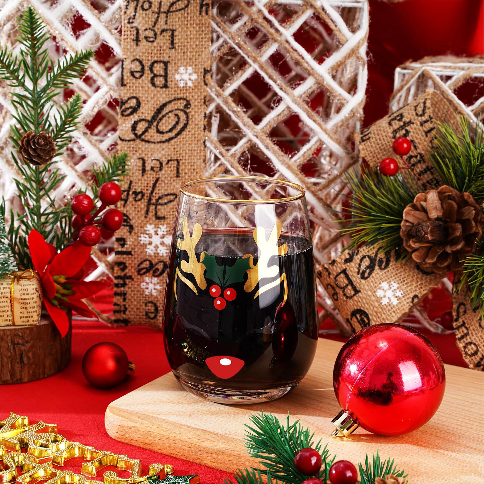 Whaline 17oz Christmas Novelty Stemless Wine Glasses with Gold Rimmed 2Pcs Reindeer Drinking Glasses for Christmas Party Event Supplies Kitchen Decor Gift