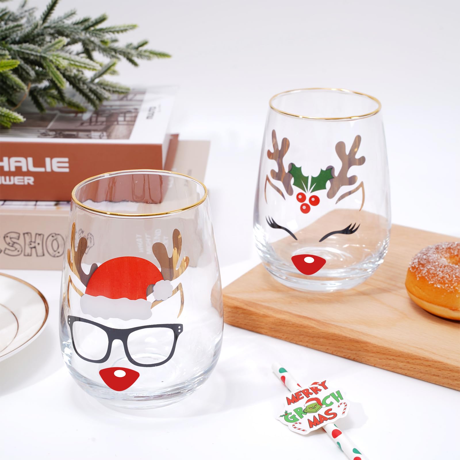 Whaline 17oz Christmas Novelty Stemless Wine Glasses with Gold Rimmed 2Pcs Reindeer Drinking Glasses for Christmas Party Event Supplies Kitchen Decor Gift