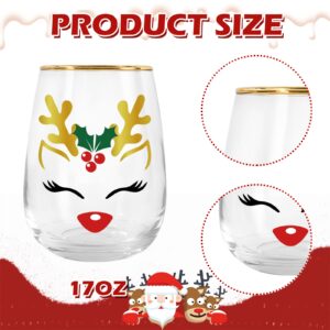 Whaline 17oz Christmas Novelty Stemless Wine Glasses with Gold Rimmed 2Pcs Reindeer Drinking Glasses for Christmas Party Event Supplies Kitchen Decor Gift