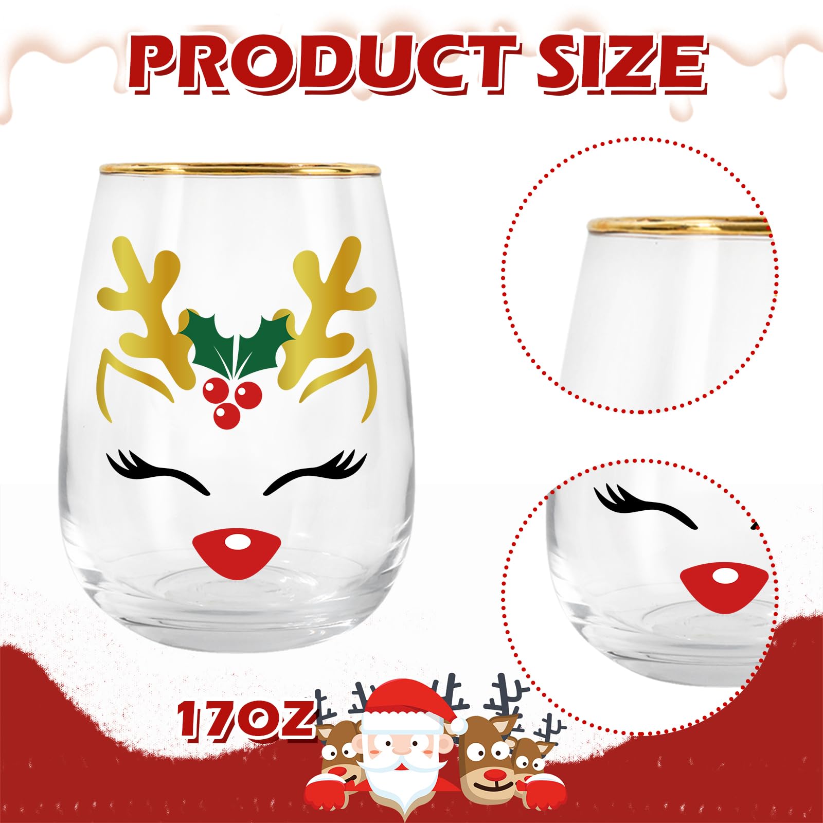 Whaline 17oz Christmas Novelty Stemless Wine Glasses with Gold Rimmed 2Pcs Reindeer Drinking Glasses for Christmas Party Event Supplies Kitchen Decor Gift