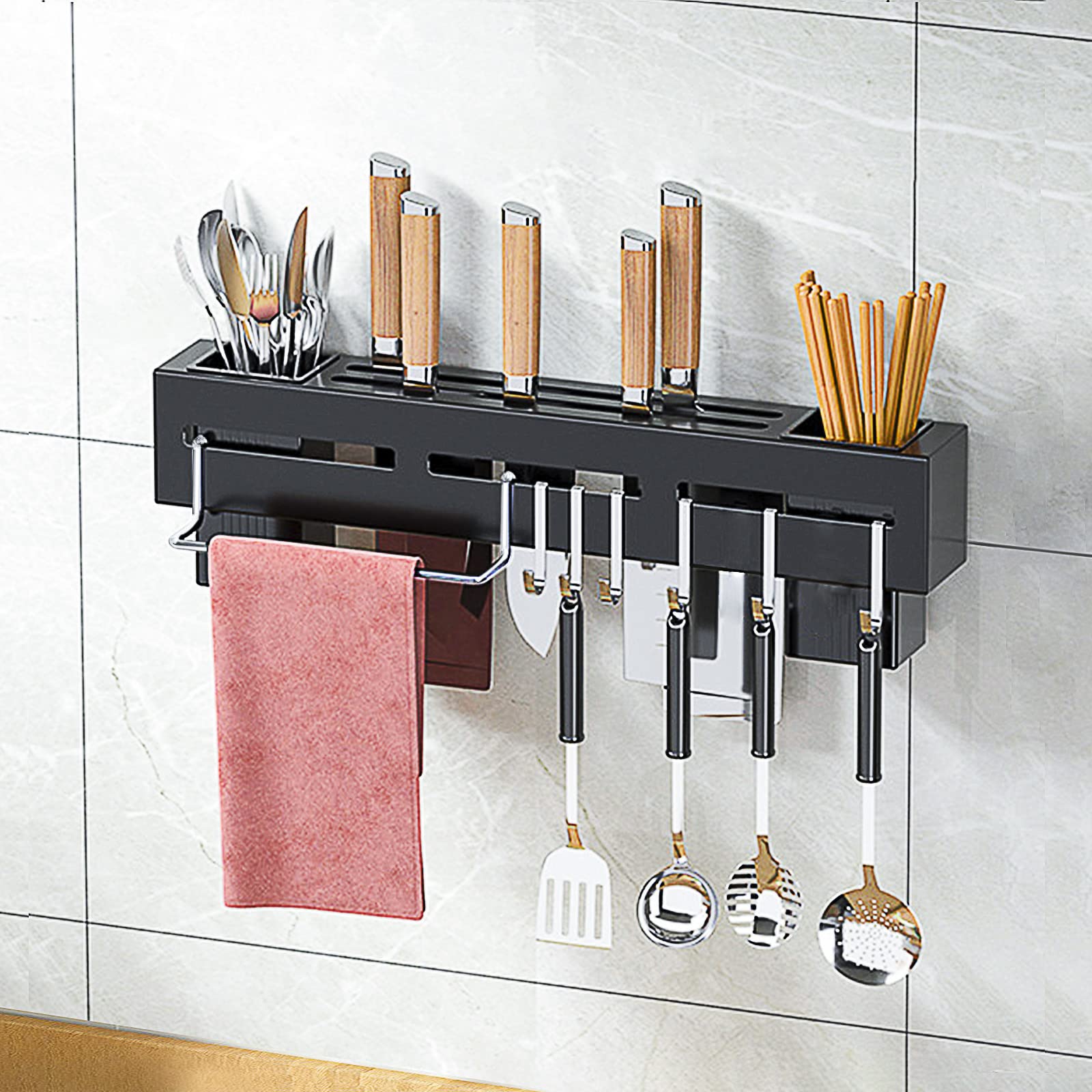 Jaugufiy Kitchen Wall Mount Utensil Rack, Cookware Cutlery Holder Utensil Wall Organizer for Spoons, Knives, Forks, Chopsticks(Black)