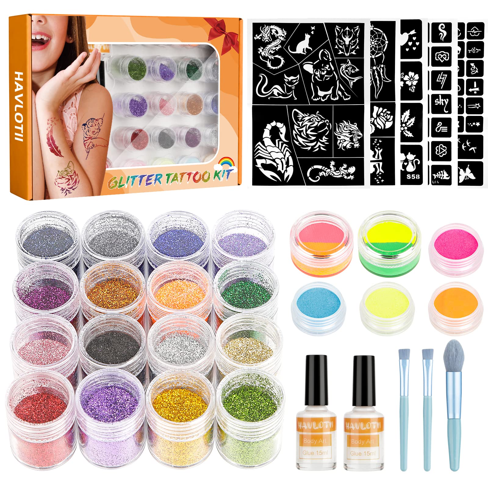 Larger Glitter Tattoo Kit - Body Glitter Temporary Tattoos Kit with Water Activated UV Reactive Body Paint & Glow Powder & Stencils & Glue, Gifts for Girls Birthday Party Festival Halloween Christmas