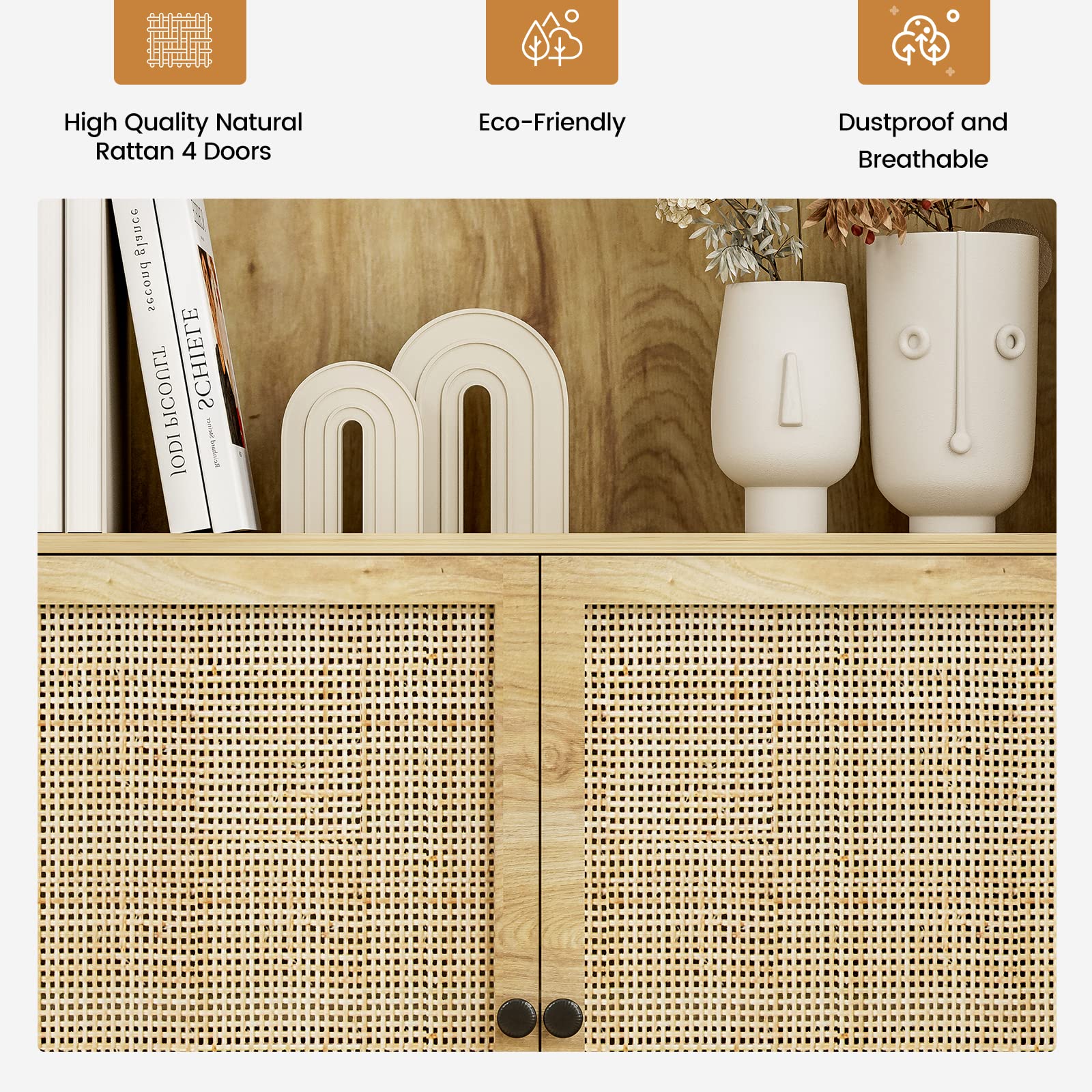 IKIFLY Kitchen Pantry Rattan Storage Cabinet with Outlet and USB Ports, Kitchen Sideboard Buffet Cabinet with Handmade Rattan Doors & Large Countertop, Freestanding Tall Cupboard for Home - Natural