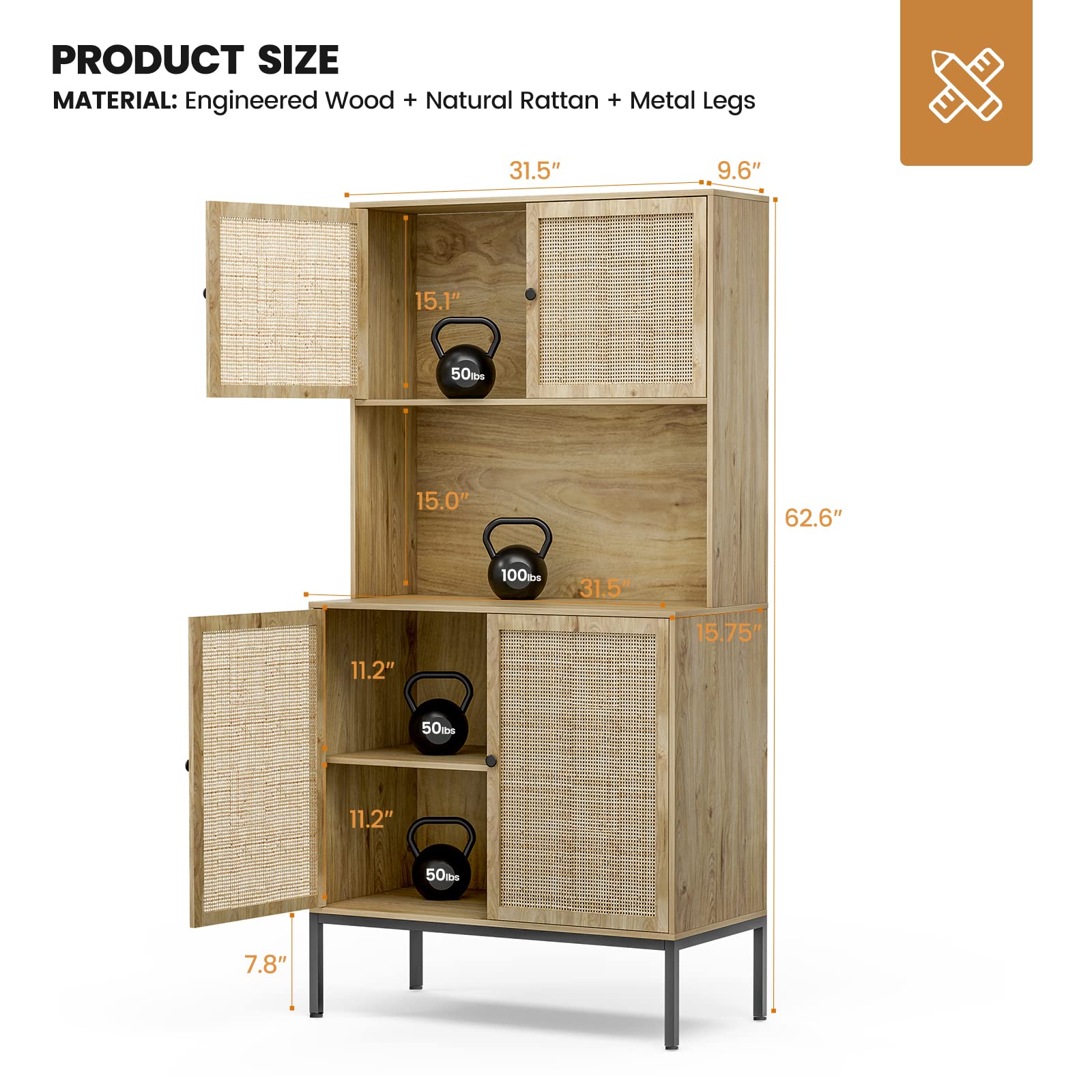 IKIFLY Kitchen Pantry Rattan Storage Cabinet with Outlet and USB Ports, Kitchen Sideboard Buffet Cabinet with Handmade Rattan Doors & Large Countertop, Freestanding Tall Cupboard for Home - Natural