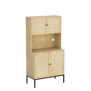 IKIFLY Kitchen Pantry Rattan Storage Cabinet with Outlet and USB Ports, Kitchen Sideboard Buffet Cabinet with Handmade Rattan Doors & Large Countertop, Freestanding Tall Cupboard for Home - Natural