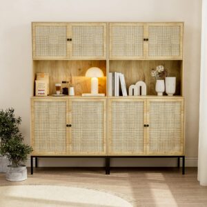 IKIFLY Kitchen Pantry Rattan Storage Cabinet with Outlet and USB Ports, Kitchen Sideboard Buffet Cabinet with Handmade Rattan Doors & Large Countertop, Freestanding Tall Cupboard for Home - Natural