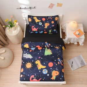 ntbed 4 pieces toddler bedding set for baby girls boys,galaxy space dinosaur pattern, includes comforter, flat sheet, fitted sheet and pillowcase