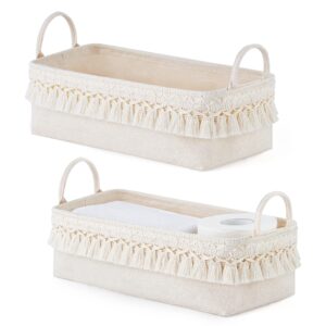 mkono 2 pack storage baskets for bathroom closet shelf boho decor small storage bins with tassels cute rectangular organizers with handles for bedroom nursery dorm, ivory, 13.38"l x 6.3"w x 3.9"h