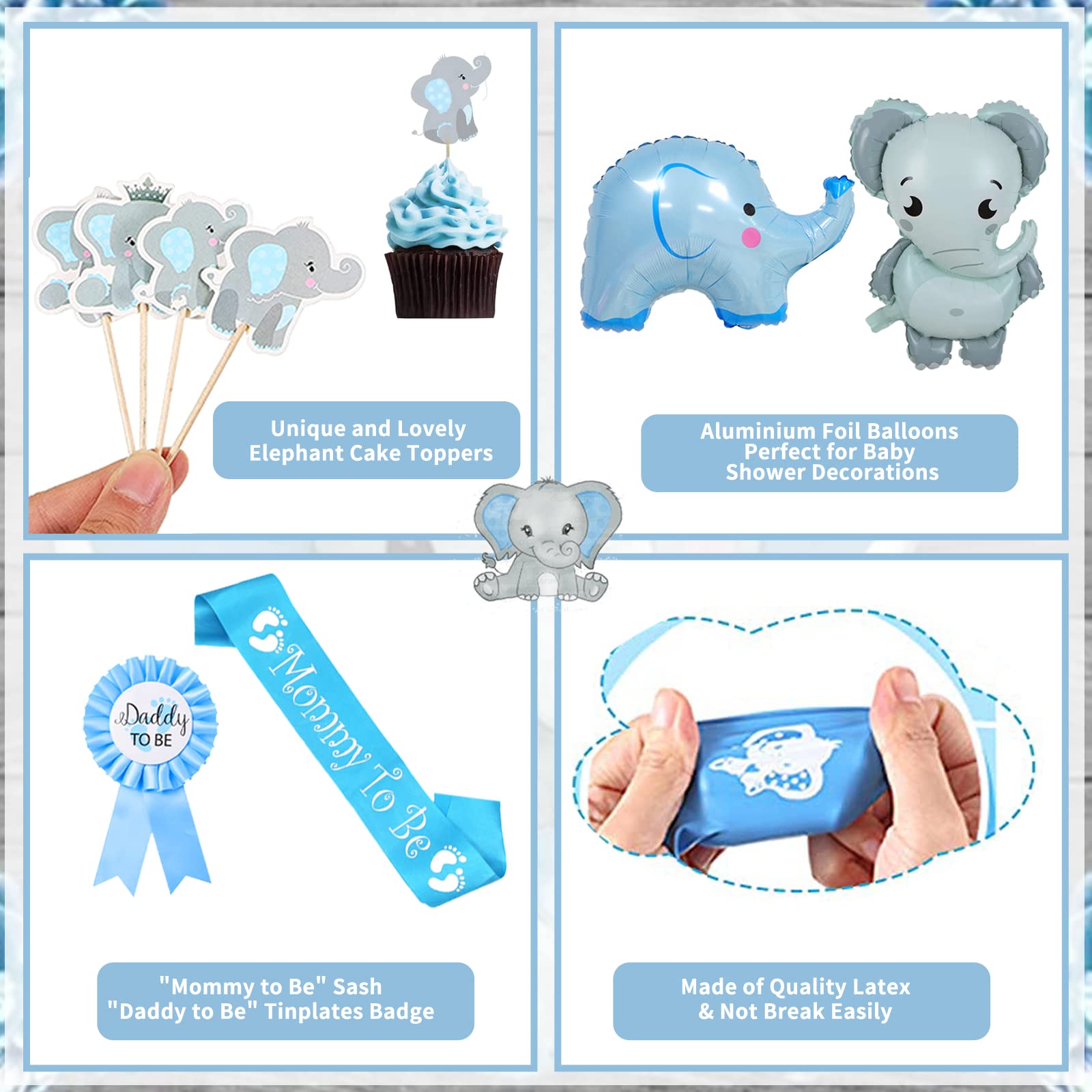 134PCS Elephant Baby Shower Decorations for Boy Baby Boy Shower Decorations Include Elephant Theme Balloon Garland Arch Kit Backdrop Tablecloth Cake Toppers Mommy Sash and Daddy Badge