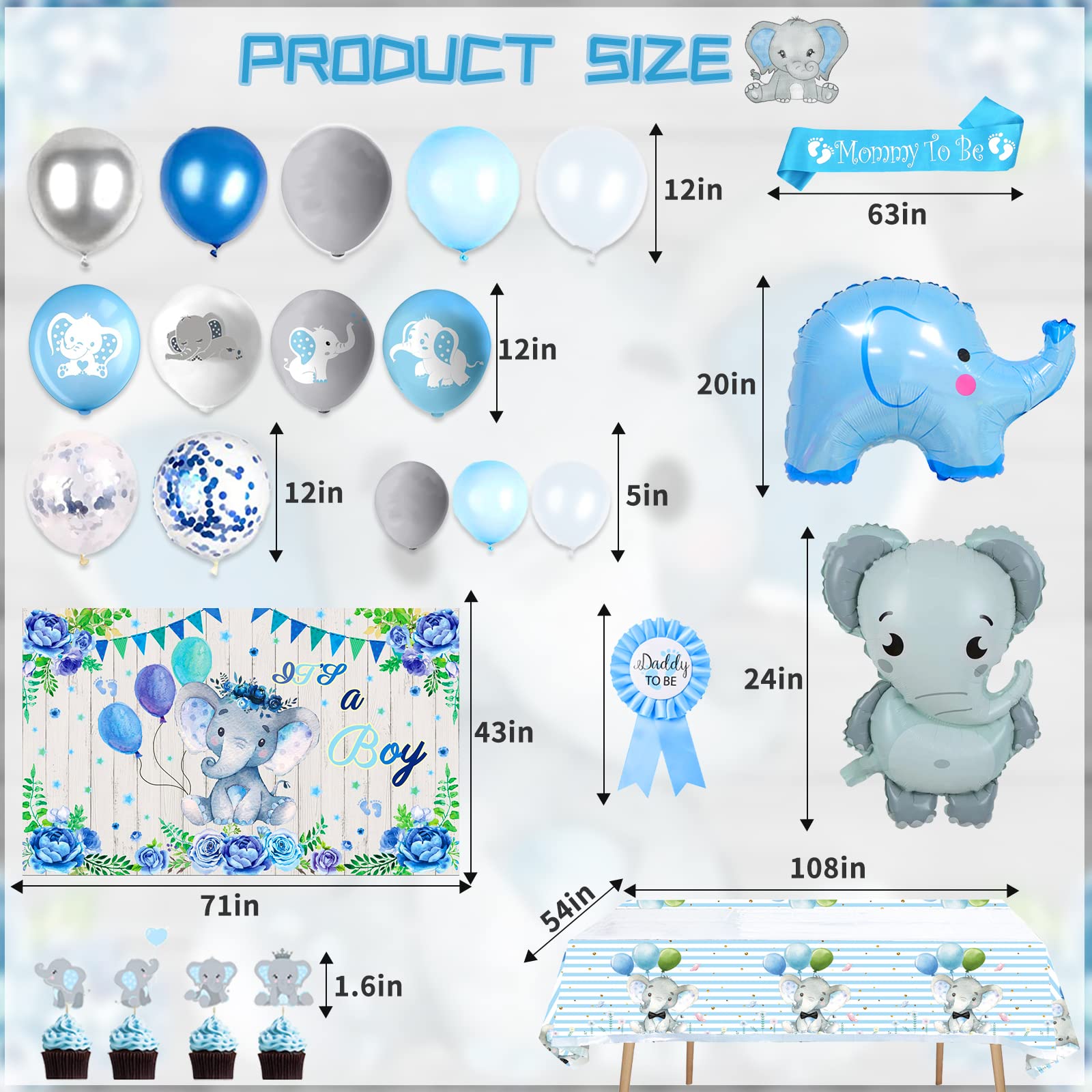 134PCS Elephant Baby Shower Decorations for Boy Baby Boy Shower Decorations Include Elephant Theme Balloon Garland Arch Kit Backdrop Tablecloth Cake Toppers Mommy Sash and Daddy Badge