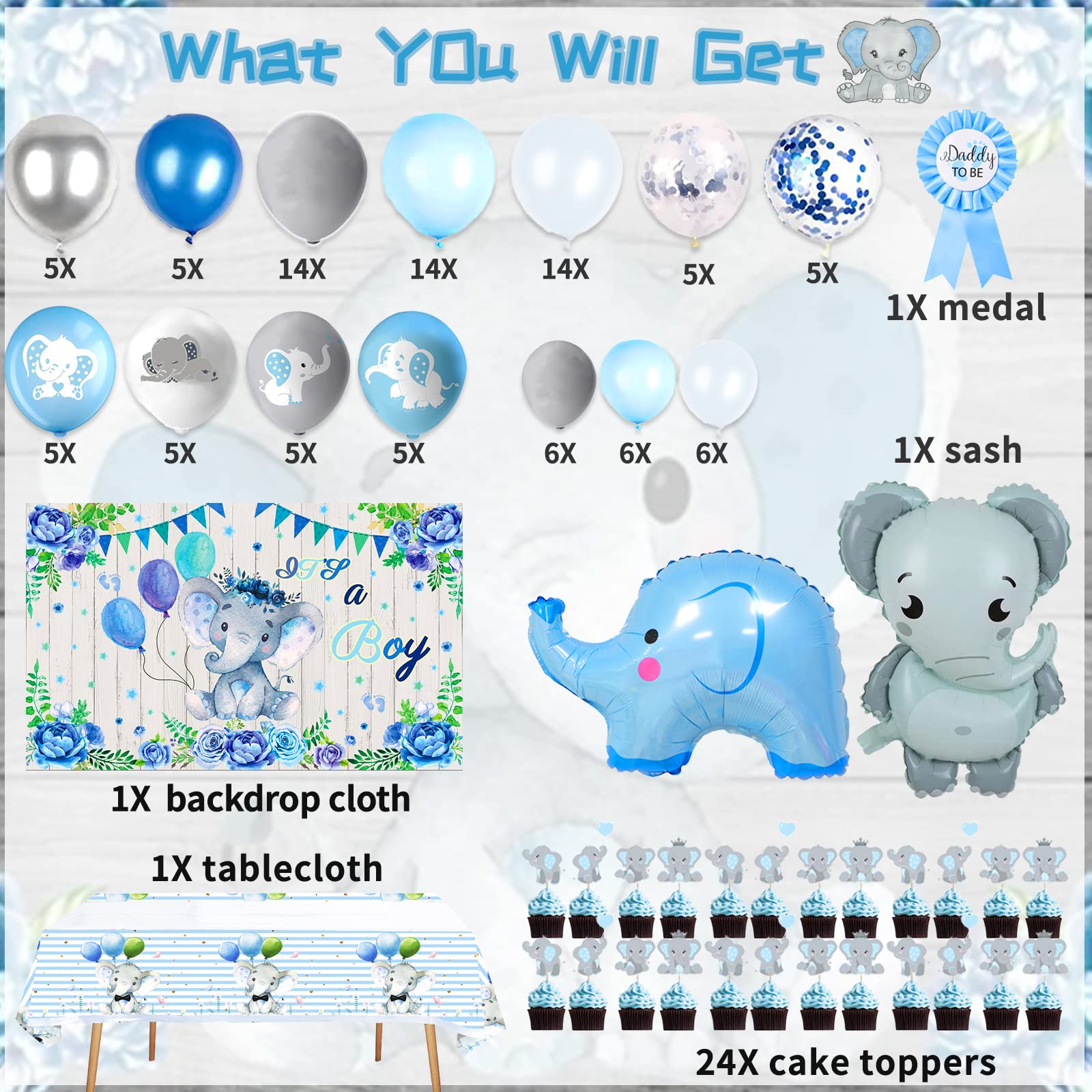 134PCS Elephant Baby Shower Decorations for Boy Baby Boy Shower Decorations Include Elephant Theme Balloon Garland Arch Kit Backdrop Tablecloth Cake Toppers Mommy Sash and Daddy Badge