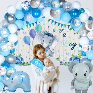 134PCS Elephant Baby Shower Decorations for Boy Baby Boy Shower Decorations Include Elephant Theme Balloon Garland Arch Kit Backdrop Tablecloth Cake Toppers Mommy Sash and Daddy Badge