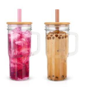 luxfuel 24oz wide mouth mason jar drinking glasses tumbler with handle and bamboo lids,reusable smoothie cup for iced coffee,water,juice - 2 pack
