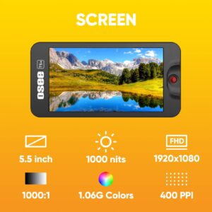 Osee T5+ 5.5 Inch Daylight Visible 1000nits DSLR Camera Field Monitor with 3D LUT HDR Wide Color Gamut Video Monitor 4K-HDMI Expose Focus Assist DC Input Output One-Key Operation