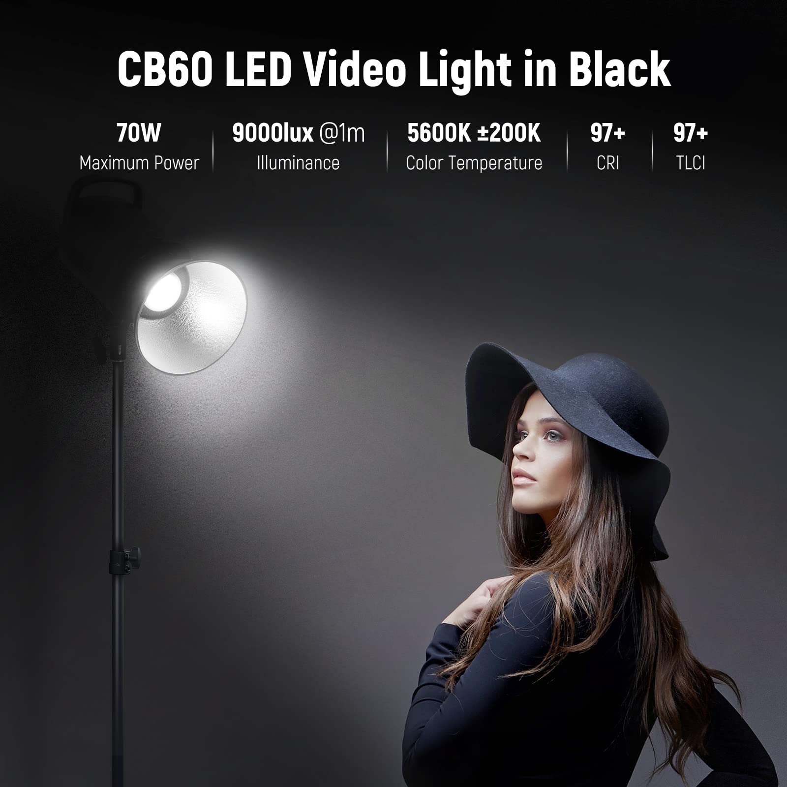 NEEWER Upgraded CB60 70W LED Video Light, 5600K Daylight COB Continuous Output Lighting with Bowens Mount/2.4G Remote CRI/TLCI97+ 9000Lux/1m for Studio/Outdoor Photography Videos Recording (Black)