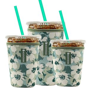 reusable iced coffee insulator sleeve for cold beverages and neoprene cold coffee cup sleeves cooler cover 16-32oz for coffee cups, mcdonalds, dunkin donuts, more(floral green)