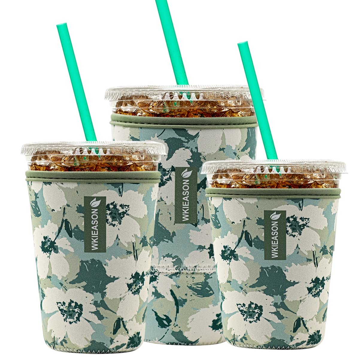 Reusable Iced Coffee Insulator Sleeve for Cold Beverages and Neoprene Cold Coffee Cup Sleeves Cooler Cover 16-32OZ for Coffee Cups, McDonalds, Dunkin Donuts, More(Floral green)