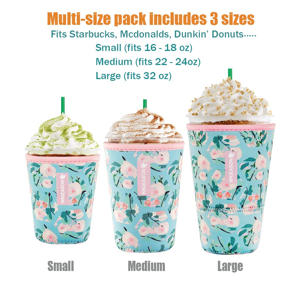 Reusable Iced Coffee Insulator Sleeve for Cold Beverages and Neoprene Cold Coffee Cup Sleeves Cooler Cover 16-32OZ for Coffee Cups, McDonalds, Dunkin Donuts, More(Floral green)