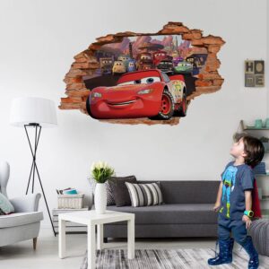 3d cartoon cars movie decal wall stickers,car removalble break through the wall decal,vinyl murals car poster for children bedroom living room