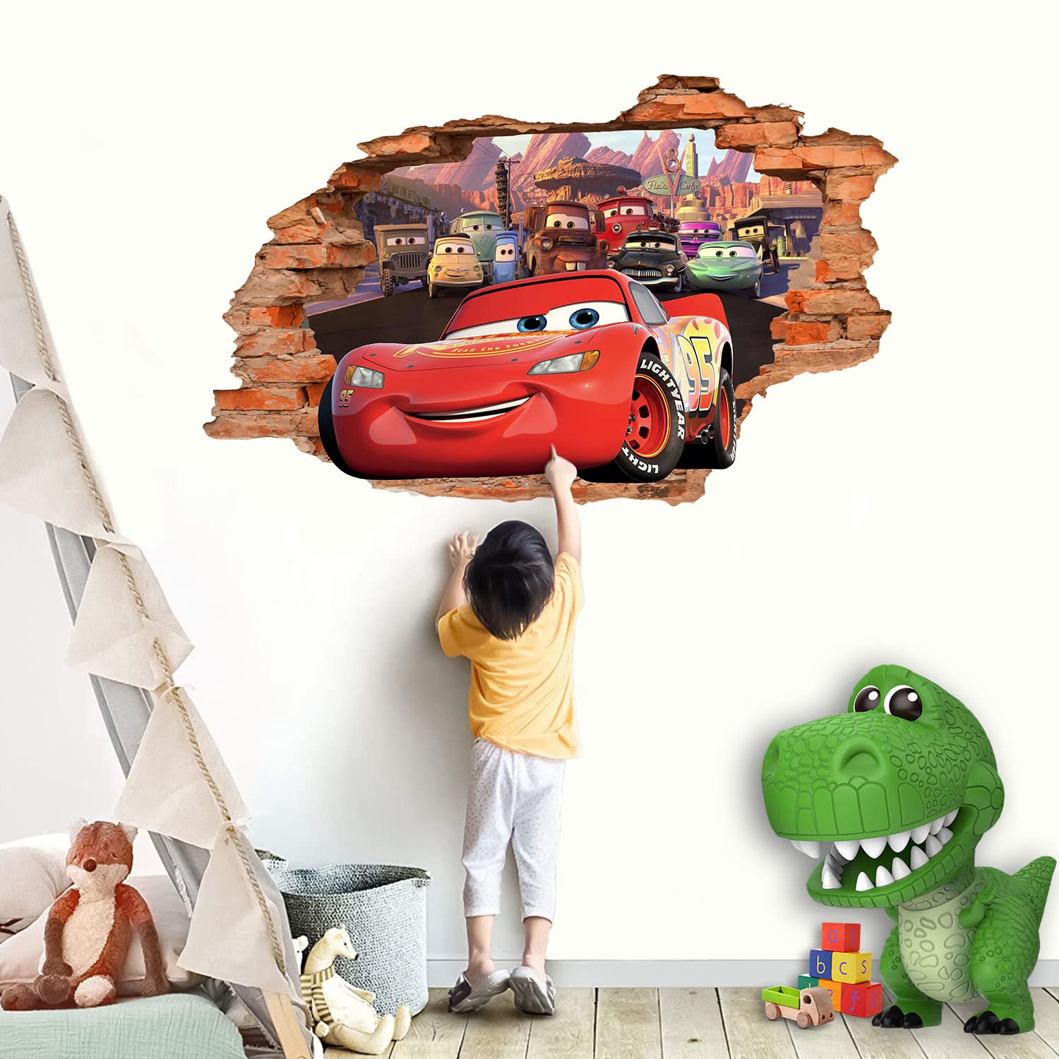 3D Cartoon Cars Movie Decal Wall Stickers,Car Removalble Break Through The Wall Decal,Vinyl Murals Car Poster for Children Bedroom Living Room