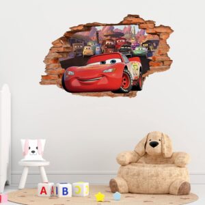 3D Cartoon Cars Movie Decal Wall Stickers,Car Removalble Break Through The Wall Decal,Vinyl Murals Car Poster for Children Bedroom Living Room