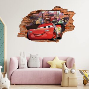 3D Cartoon Cars Movie Decal Wall Stickers,Car Removalble Break Through The Wall Decal,Vinyl Murals Car Poster for Children Bedroom Living Room