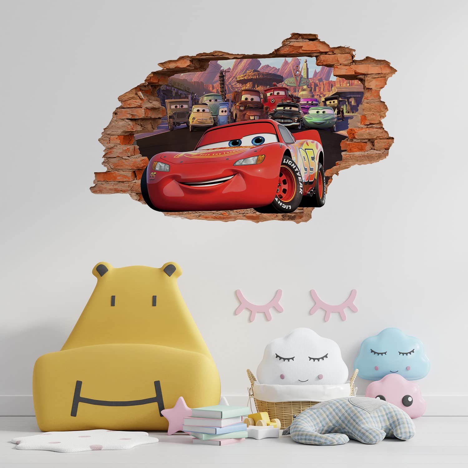 3D Cartoon Cars Movie Decal Wall Stickers,Car Removalble Break Through The Wall Decal,Vinyl Murals Car Poster for Children Bedroom Living Room