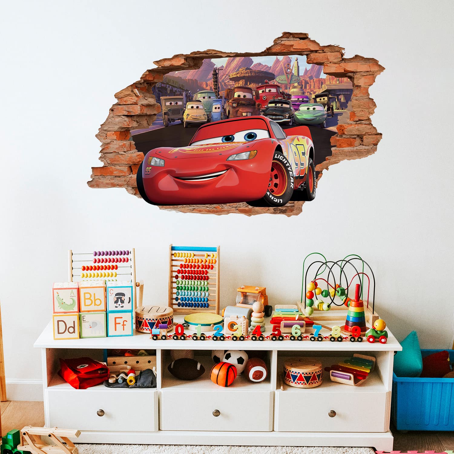 3D Cartoon Cars Movie Decal Wall Stickers,Car Removalble Break Through The Wall Decal,Vinyl Murals Car Poster for Children Bedroom Living Room