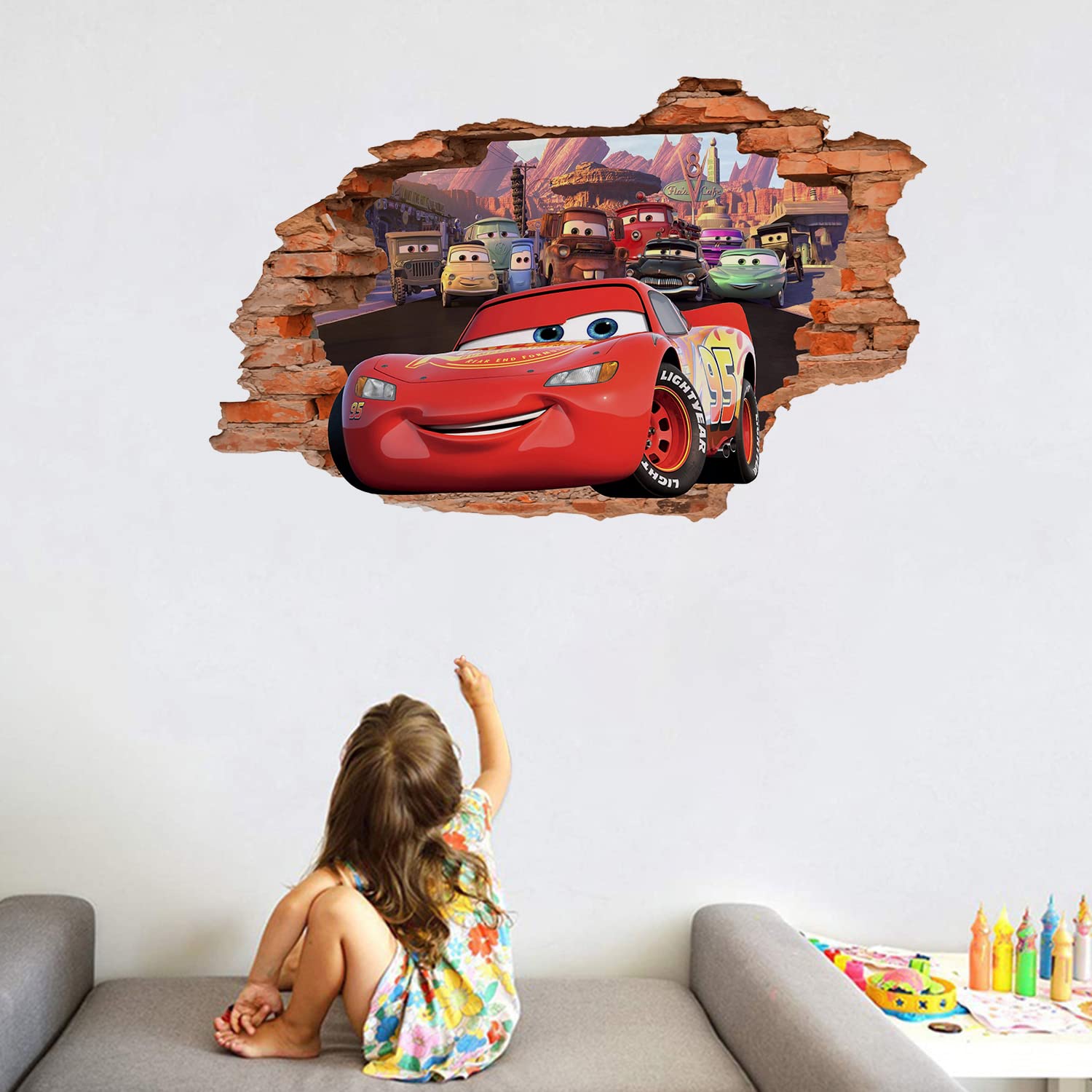 3D Cartoon Cars Movie Decal Wall Stickers,Car Removalble Break Through The Wall Decal,Vinyl Murals Car Poster for Children Bedroom Living Room