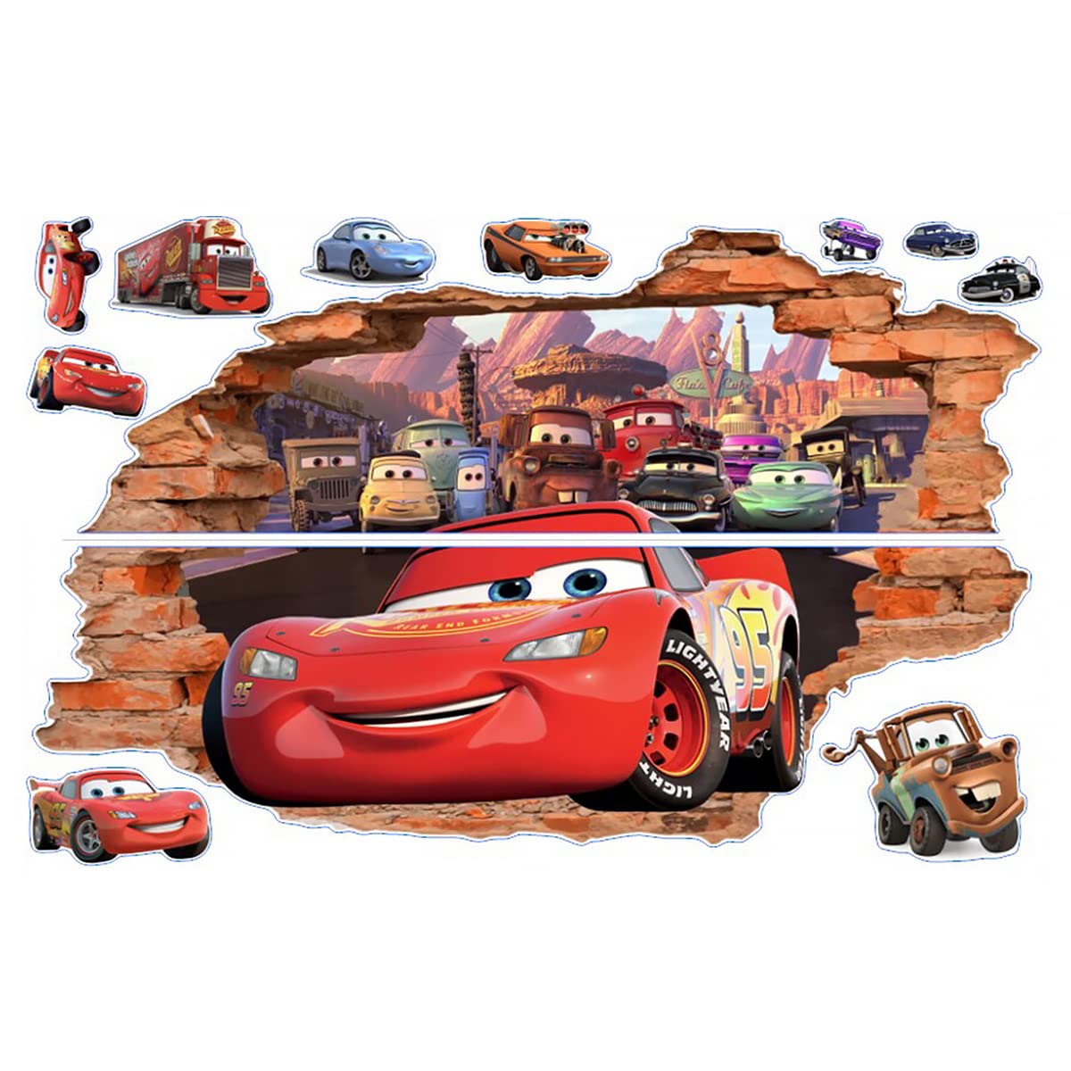 3D Cartoon Cars Movie Decal Wall Stickers,Car Removalble Break Through The Wall Decal,Vinyl Murals Car Poster for Children Bedroom Living Room