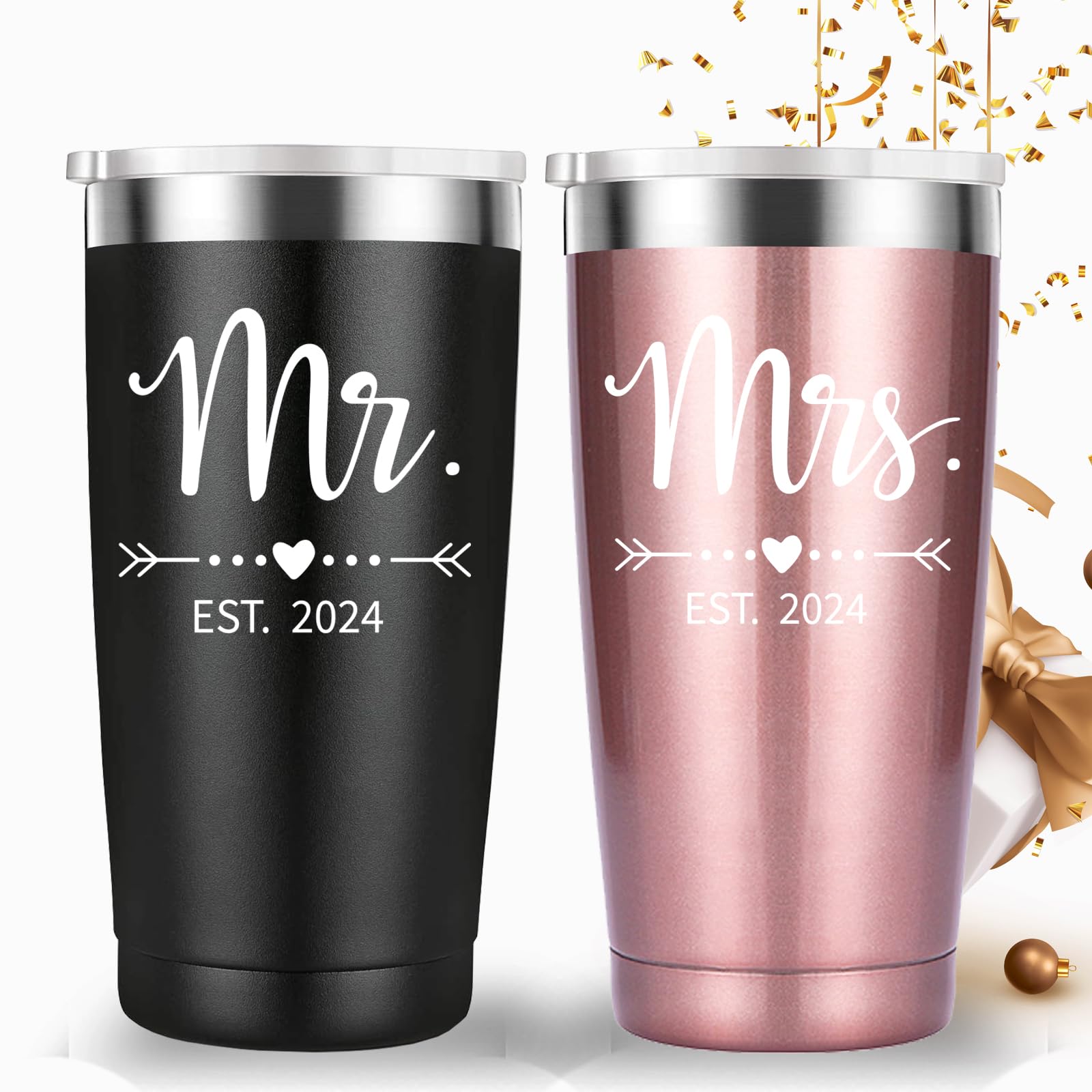 Mamihlap Mr and Mrs Est 2024 Travel Mug Tumbler.Newlyweds Couples Wife Bride To Be Newly Engaged Bridal Shower Gifts.Wedding Tumbler Idea for Bridal Showers Engagement.(20oz Black&Rose Gold)