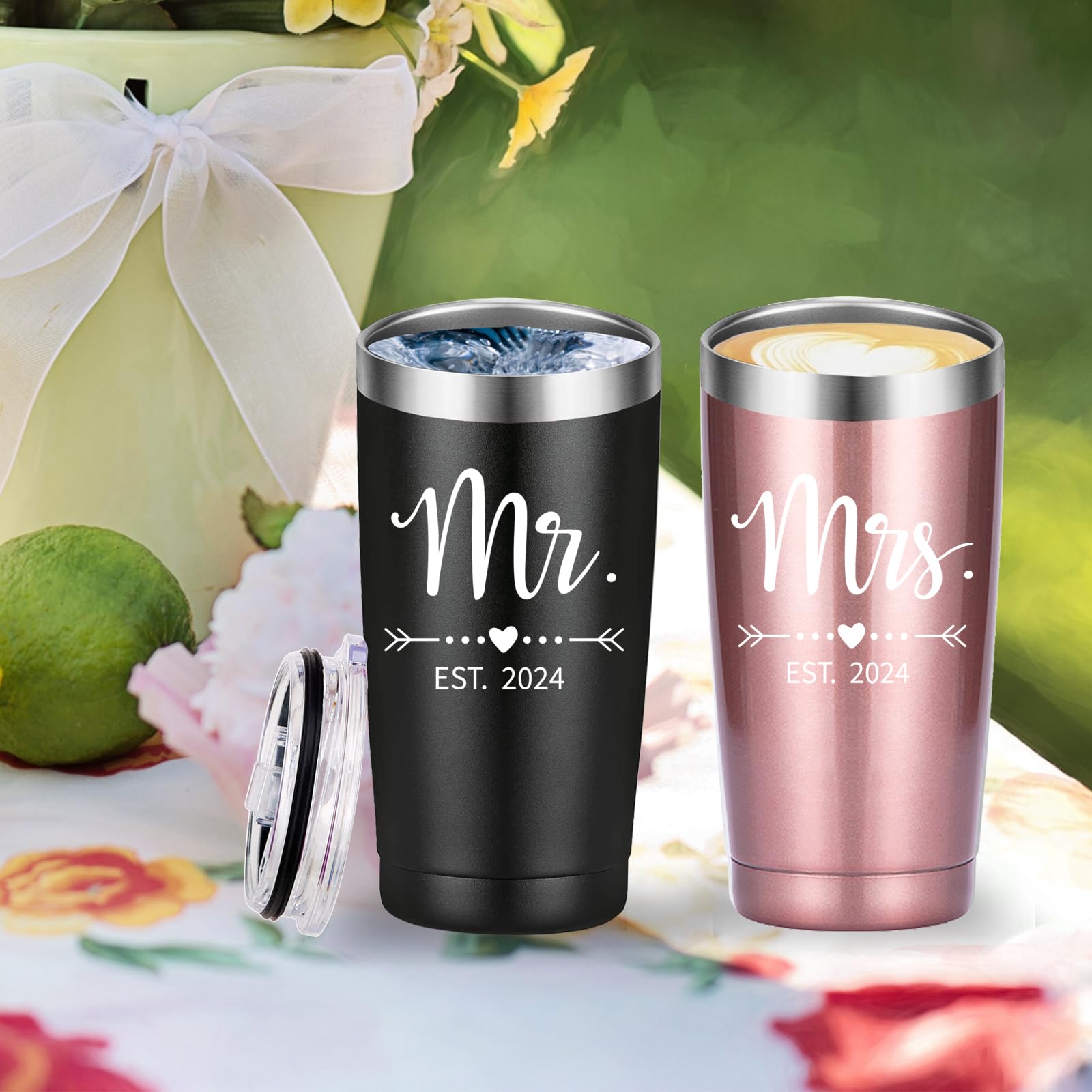 Mamihlap Mr and Mrs Est 2024 Travel Mug Tumbler.Newlyweds Couples Wife Bride To Be Newly Engaged Bridal Shower Gifts.Wedding Tumbler Idea for Bridal Showers Engagement.(20oz Black&Rose Gold)