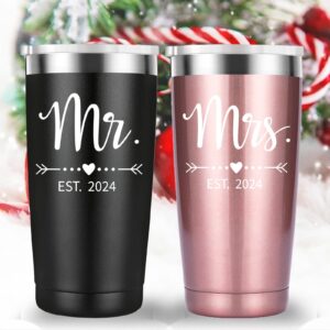 Mamihlap Mr and Mrs Est 2024 Travel Mug Tumbler.Newlyweds Couples Wife Bride To Be Newly Engaged Bridal Shower Gifts.Wedding Tumbler Idea for Bridal Showers Engagement.(20oz Black&Rose Gold)