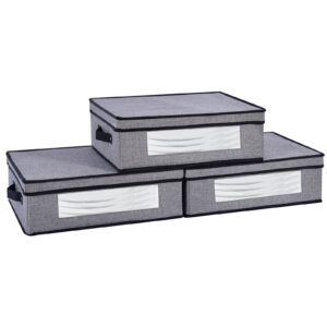 yheenlf 3 sets china storage containers with lid and handles, dinnerware storage box for dishes plate storage containers with 12 felt dividers, hold 12 plates, 17 x 13 x 6 inches, grey