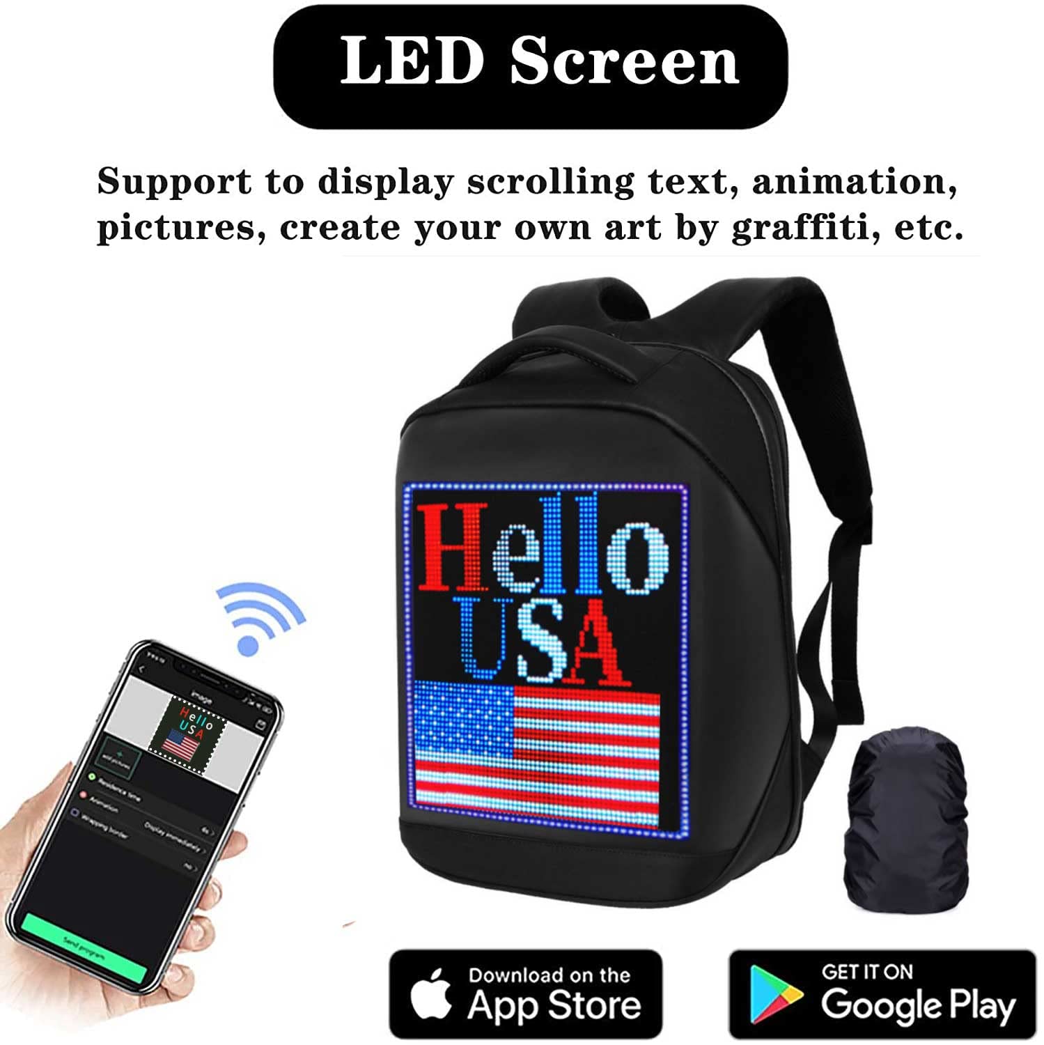 Welaso Smart Bluetooth LED Backpack with Colorful LED Sign Panel and Programmable, DIY Laptop Daypack Bag,Black (Medium 21L,with Rain Cover)