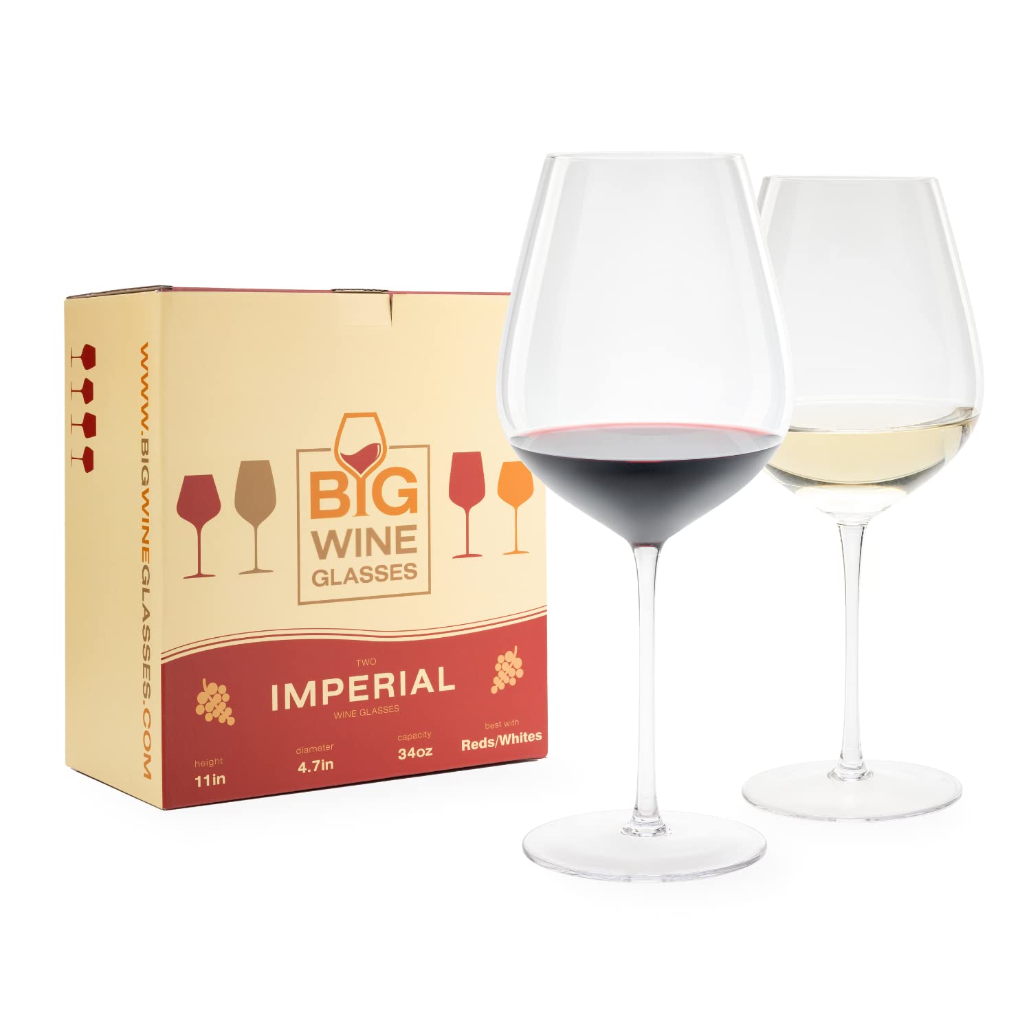 Big Wine Glasses | Set of 2 I Giant Oversized Full Bottle Wine Glasses I Large Red & White Wine Glass with Stem I Ultra Premium, Hand Blown Crystal | Imperial 34 Ounces