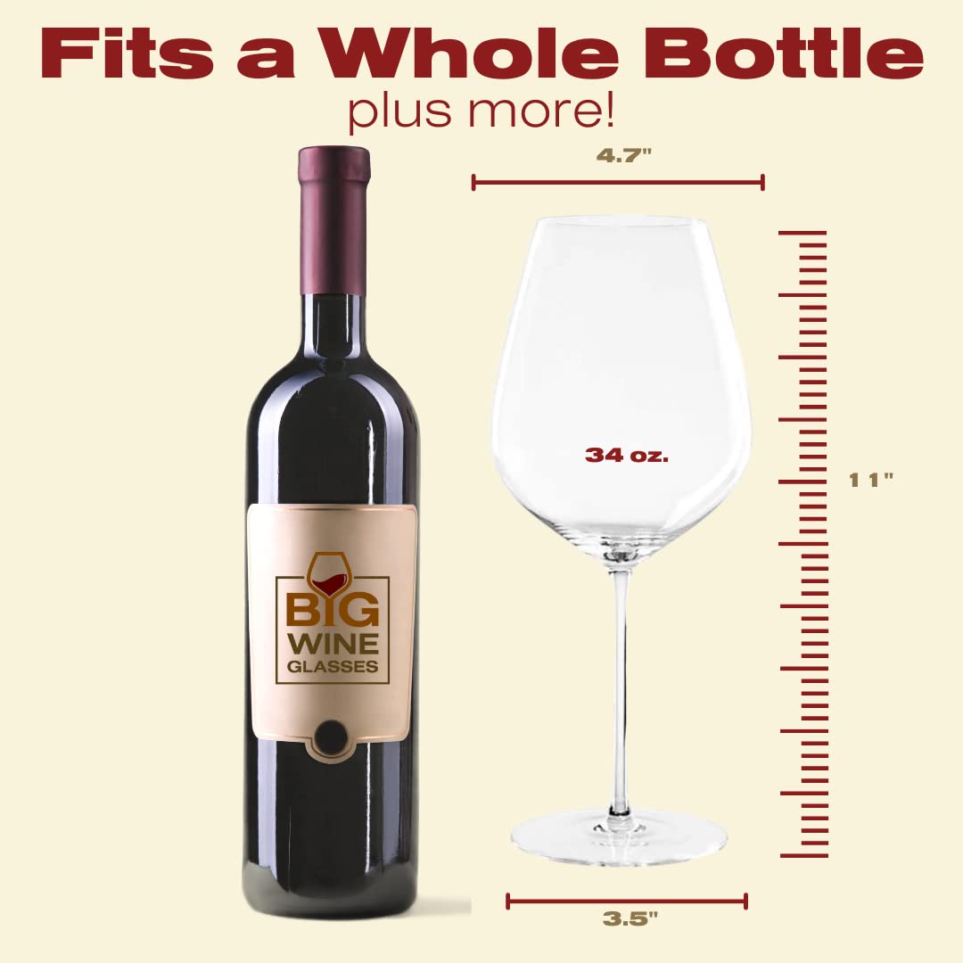 Big Wine Glasses | Set of 2 I Giant Oversized Full Bottle Wine Glasses I Large Red & White Wine Glass with Stem I Ultra Premium, Hand Blown Crystal | Imperial 34 Ounces