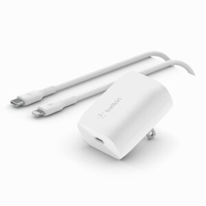 belkin 20-watt usb-c wall charger, power delivery usb-c charger, pps fast charging for apple iphone 15, 15 plus, 15 pro, 15 pro max, 14, 14 pro, 14 pro max, galaxy s23, ipad, airpods & more - white