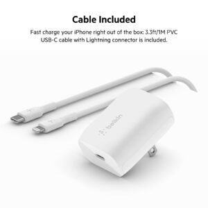 Belkin 20-Watt USB-C Wall Charger, Power Delivery USB-C Charger, PPS Fast Charging for Apple iPhone 15, 15 Plus, 15 Pro, 15 Pro Max, 14, 14 Pro, 14 Pro Max, Galaxy S23, iPad, AirPods & More - White